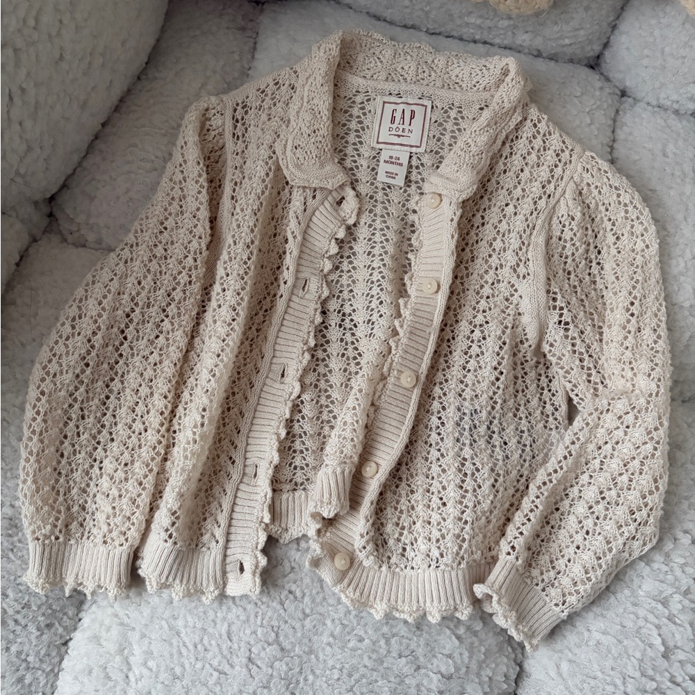 Doen & Gap Cream Openwork Ruffle-Trim Cardigan